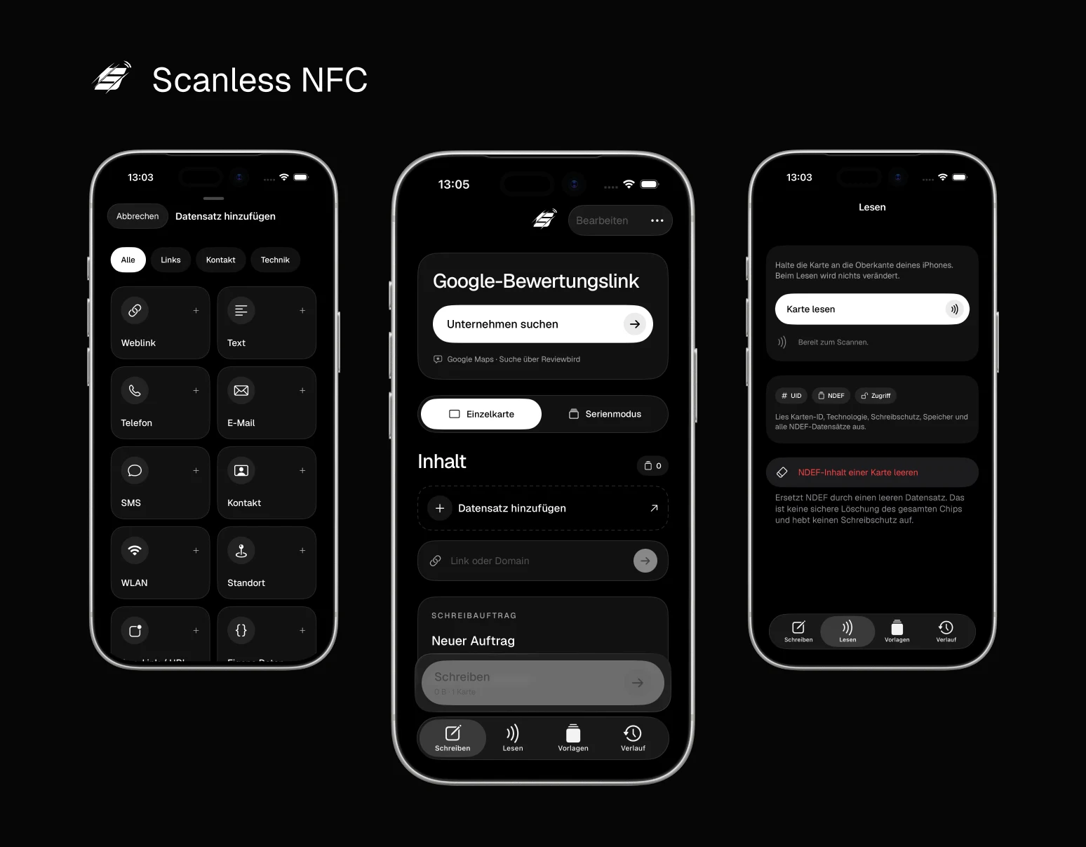 Scanless NFC App: Datensätze auswählen, Google-Bewertungslink einrichten und NFC-Karten lesen